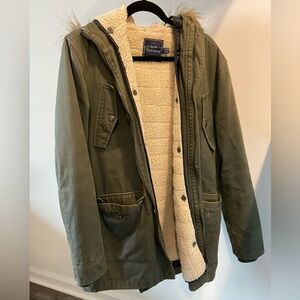 Topman Men’s Military Green Parka Jacket - Removable Hood and Wool Inner Later